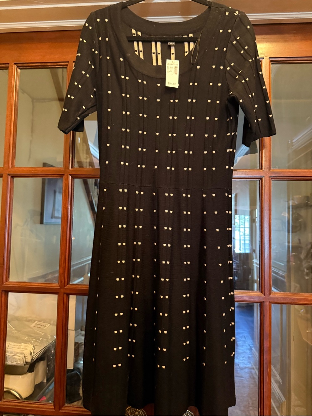 dressbarn Black Midi Dress with Cream Dot Pattern